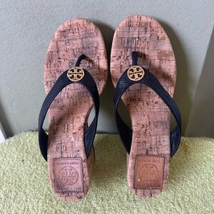 Tory Burch Suzy Thong Black Cork  Wedge Heels Sandals